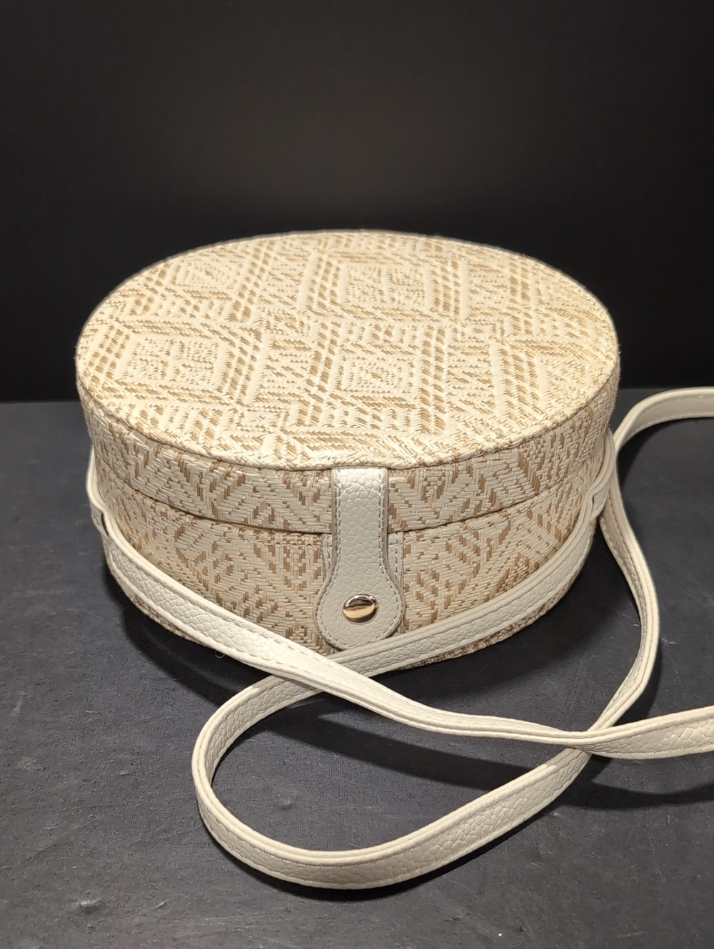 Lionel Javanna Round Cream Circle Woven Crossbody Bag.